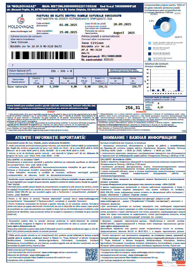 Moldova Moldovagaz utility bill template in Word and PDF formats